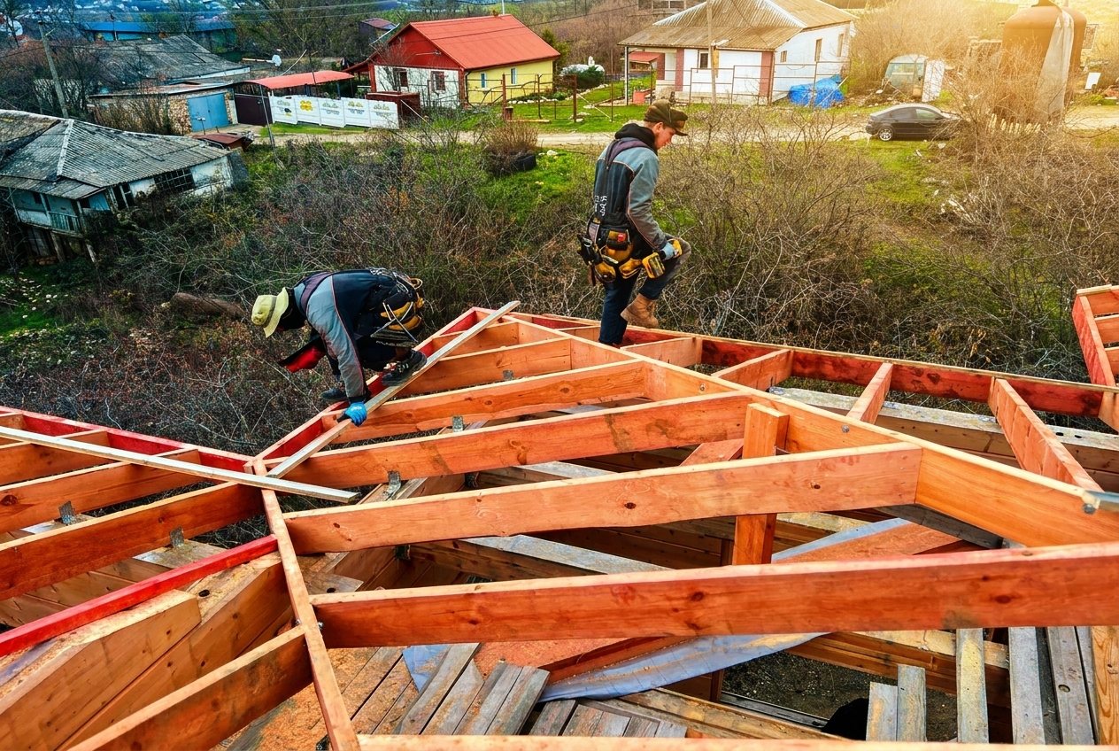 Кровельщики собирают стропильную систему на крыше частного дома в крымском посёлке: свежие стропила, инструмент, вид на соседние дома