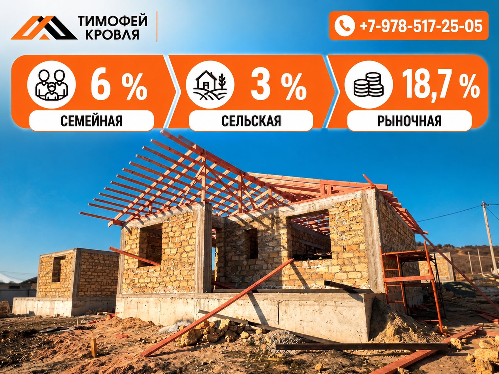 Стропильная система на доме из ракушечника в Крыму и ставки ипотеки на строительство: семейная 6%, сельская 3%, рыночная 18,7%