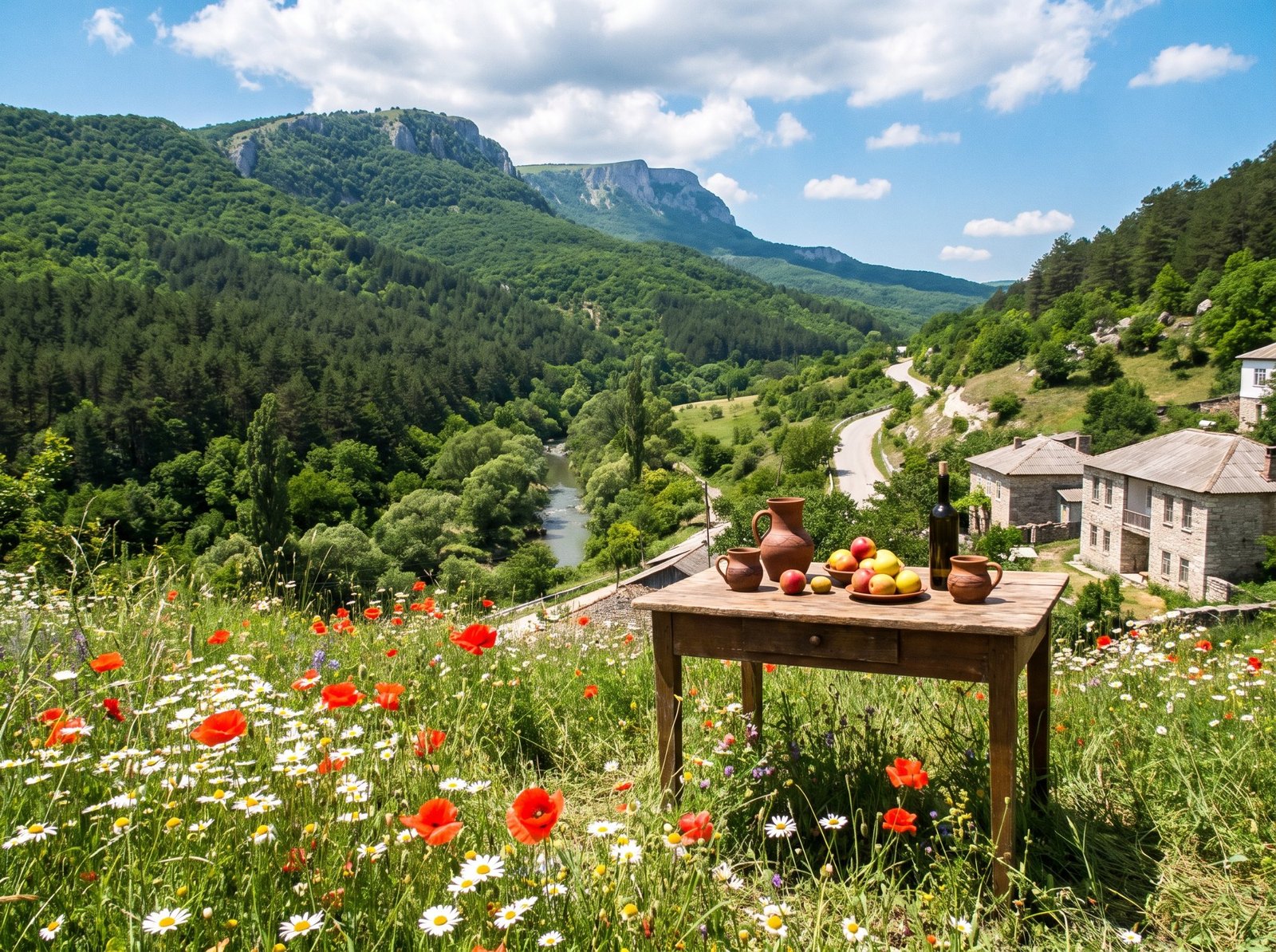 Долина в предгорном Крыму: горы, лес, река и каменные дома
