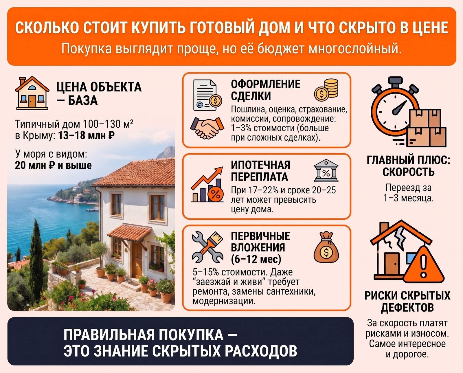 Инфографика: сколько стоит купить готовый дом в Крыму и что скрыто в цене — цена объекта, оформление сделки, ипотечная переплата, первичные вложения, риски скрытых дефектов